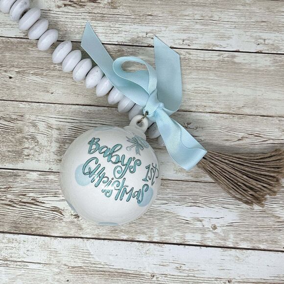 Baby Boy's 1st Christmas Ceramic Ball Ornament Blue and White Handpainted - Picture 1 of 7